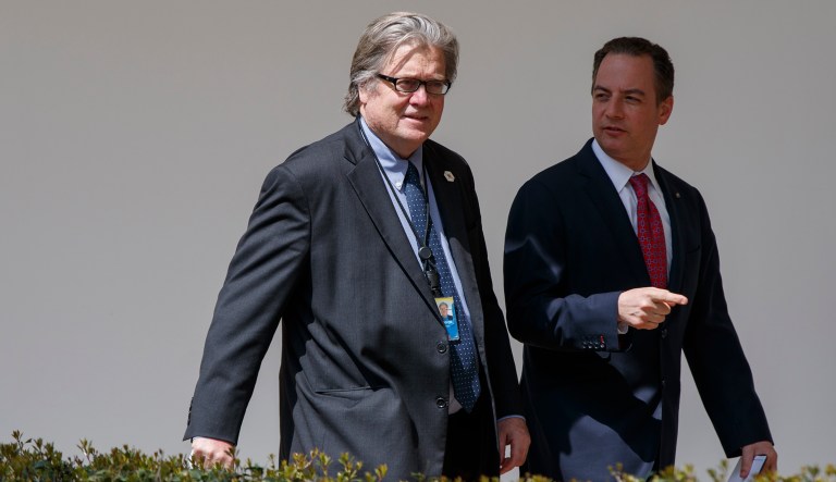 Former White House chief strategist Steve Bannon said he went to former chief of staff Reince Priebus and shared details about a June 2016 meeting between the president's eldest son and a Russian lawyer. (Pete Marovich/Pool via Bloomberg) (AP Photo/Evan Vucci)