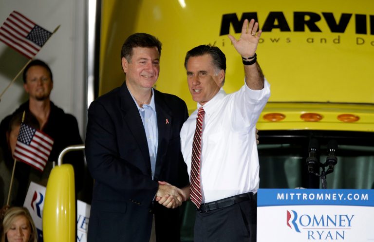 Republican presidential candidate Mitt Romney, shakes hands with Virginia Republican Senate candidate George Allen at a campaign event in Roanoke. (AP Photo)