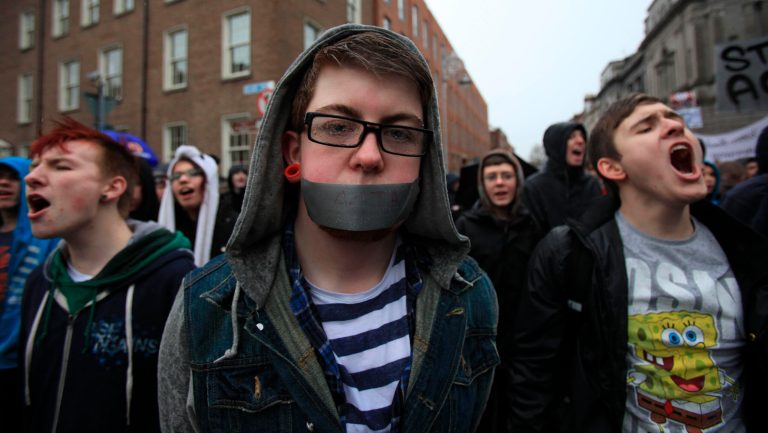 Internet users hold a protest march in Dublin against the Stop Online Piracy Act and Anti-Counterfeiting Trade Agreement legislation. (Press Association via AP Images)