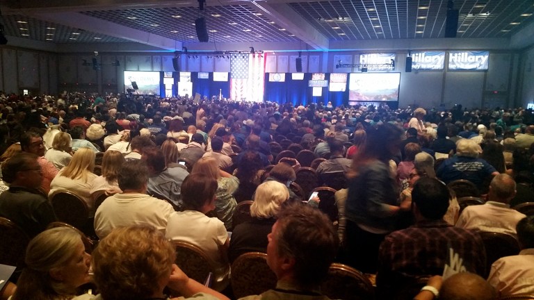 Thousands of people gathered at the Paris casino in Las Vegas for the Nevada State Democratic Convention on Saturday. (AP Photo/Michelle Rindels)