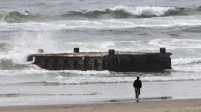   FILE - In this June 6, 2012, file photo, a man looks at the tsunami dock that washed ashore on Agate Beach in Newport, Ore. A decision by a federal agency means Oregon may have to eat $350,000 it has spent on tsunami cleanup, including thousands to destroy and remove a 200-ton dock. (AP Photo/Rick Bowmer, File)  
