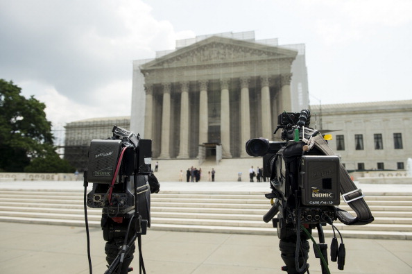 Television news cameras and their crews were perched outside of the Supreme Court Monday morning, June 17, 2013, waiting for the court to hand down decisions on a number of important cases. (Photo By Bill Clark/CQ Roll Call)