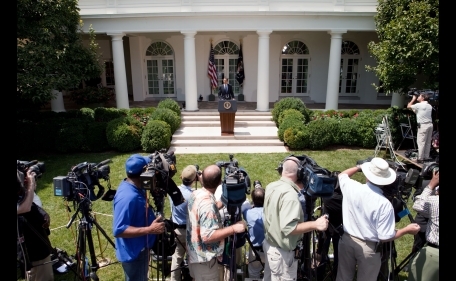 President Barack Obama walks to the podium to speak to the press in the White House Rose Garden in 2009. (Samantha Appleton/official White House photo)