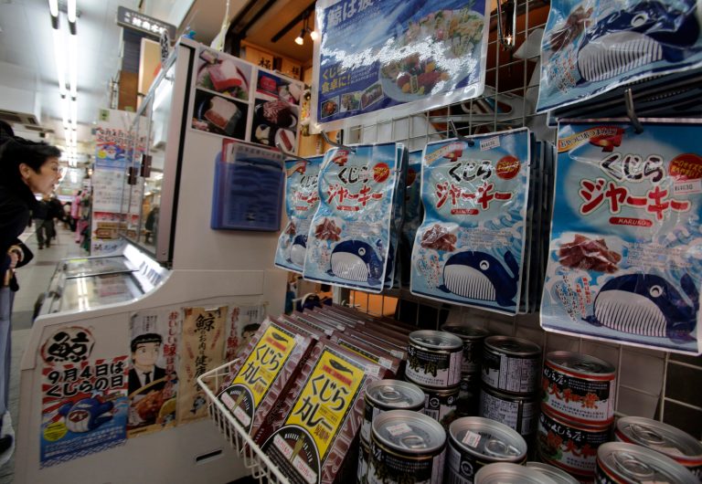 FILE - In this Thursday, March 27, 2014, packs of whale meat to be sold hang at a whale meat specialty store at Tokyo's Ameyoko shopping district. Japan's whaling in the Antarctic is at a crossroads after the International Court of Justice ordered it halted this week, saying it's not really science. The ruling upheld the argument that Japan's research whaling is a guise for commercial whaling. It cannot be appealed, but Japan has some other options to consider. (AP Photo/Shizuo Kambayashi, File)