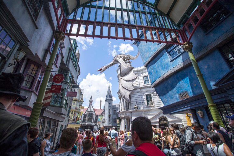 This image released by Universal Orlando shows guests at Diagon Alley at the Wizarding World of Harry Potter at Universal Orlando, in Orlando, Fla., on Wednesday, July 9, 2014. For a second day in a row, visitors waited up to five hours to get on the ride, Harry Potter and the Escape from Gringotts, located in the new Diagon Alley section of Universal Studios. On Tuesday, July 8, on the first day Diagon Alley was open to the public, visitors waited for as long as seven hours. (AP Photo/Universal Orlandi, Sheri Lowen)