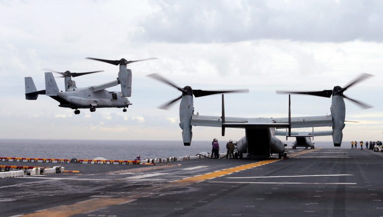 A U.S. Marine Corps Osprey aircraft crashed off the eastern coast of Australia on Saturday with reports indicating that 23 were on board. (Jason Reed/Pool Photo via AP)