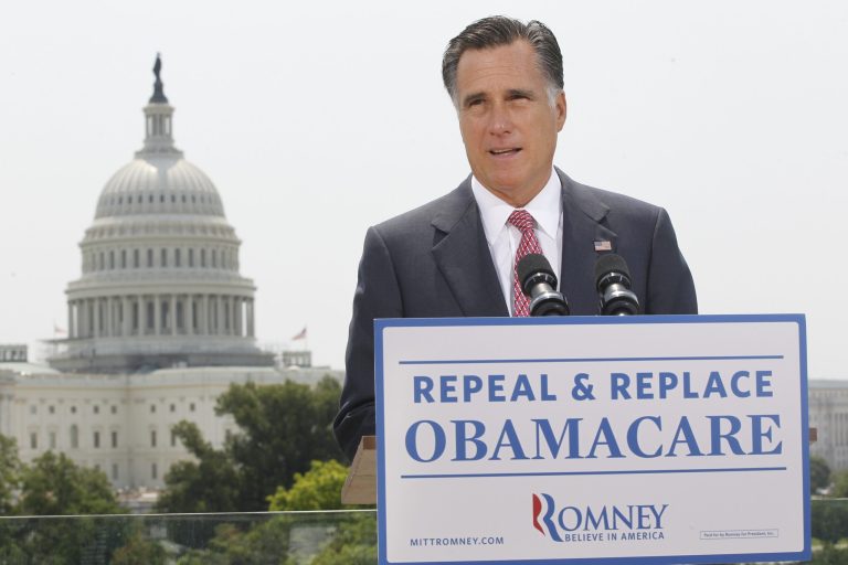 With the Capitol in the background, Republican presidential candidate, former Massachusetts Gov. Mitt Romney speaks about the Supreme Court's health care ruling, Thursday, June 28, 2012, in Washington. (AP Photo/Charles Dharapak)