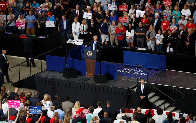 President Donald Trump speaks during a rally, Tuesday, July 25, 2017, at the Covelli Centre in Youngstown, Ohio (AP Photo/Carolyn Kaster)