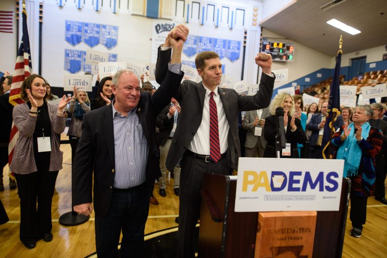 Conor Lamb, 33, of Mt. Lebanon, Pa., right, celebrates with Congressman Mike Doyle, left, after winning the Democrat committee vote as nominee in Pennsylvania's 18th congressional district special election on Sunday, November 19, 2017 in Washington, Pa. Lamb will face Republican Rick Saccone in a March 16 special election to replace Tim Murphy. (Justin Merriman, For the Washington Examiner)