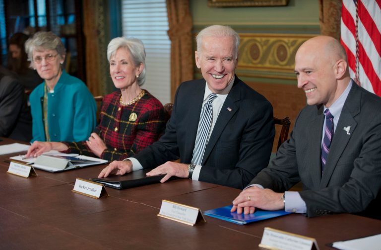 Vice President Joe Biden leads a session with members of the Cabinet and college presidents as part of the White House Task Force to Protect Students from Sexual Assault, Wednesday, Feb. 26, 2014, in the Old Executive Office Building on the White House campus in Washington. From left are, Vassar College President Catharine Hill, Health and Human Services Secretary Kathleen Sebelius, Biden, and State University of New York System (SUNY) Vice Chancellor Bill Howard. (AP Photo/Pablo Martinez Monsivais)
