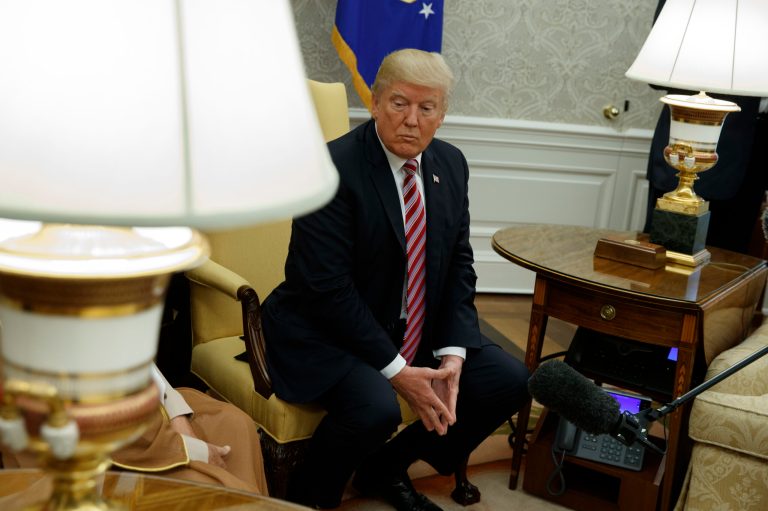 President Donald Trump listens as Amir of Kuwait Sheikh Sabah Al Ahmad Al Sabah speaks during a meeting in the Oval Office of the White House, Thursday, Sept. 7, 2017, in Washington. (AP Photo/Evan Vucci)