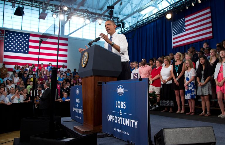   FILE - In this June 6, 2013, file photo. President Barack Obama gestures while speaking at Mooresville Middle School in Mooresville, N.C. Obama traveled to Mooresville, N.C. to promote his 