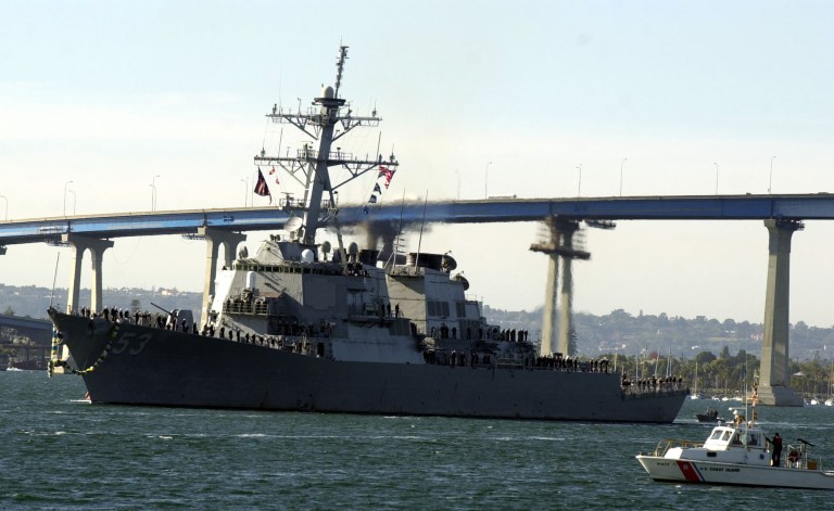 A sailor aboard the U.S.S. John Paul Jones destroyer, the Navy's ballistic missile defense test ship, pressed the wrong button into the combat system, causing the missile to self-destruct before reaching its target. (AP Photo/Denis Poroy)