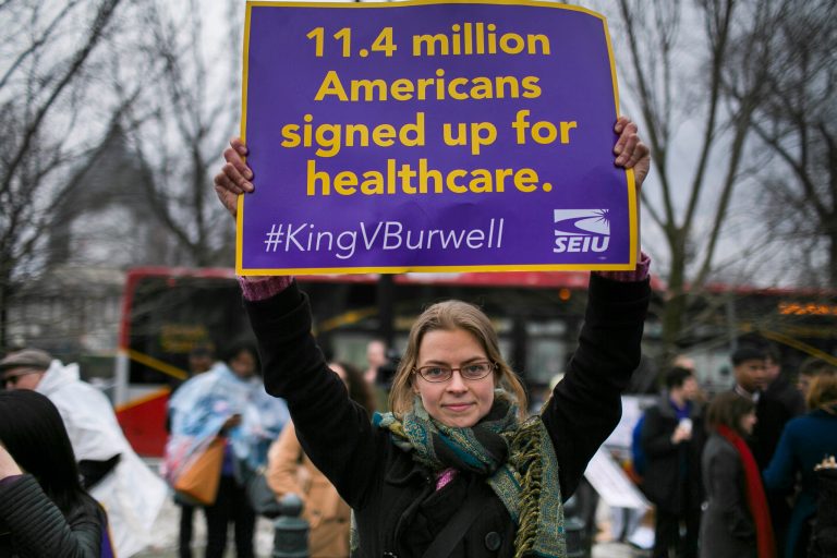 Aquene Freechild of Washington D.C., at a rally outside the Supreme Court in Washington, Wednesday, March 4, 2015. The court heard arguments in the King v. Burwell case, which questions the legality of subsidies for health insurance plans sold through federal exchanges. (Washington Examiner/Graeme Jennings)