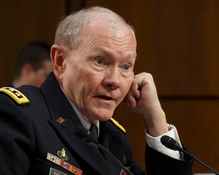 In this Tuesday, Sept. 16, 2014 photo, Army Gen. Martin Dempsey, chairman of the Joint Chiefs of Staff, appeared before the Senate Armed Services Committee, on Capitol Hill in Washington.  Speaking to a small group of reporters after meeting with his French counterpart on Thursday, Sept. 18, 2014 in Paris, Dempsey said it will take three or four months to begin the $500 million training program, which the House approved on Wednesday and sent to the Senate, where members of both parties predicted easy passage.   (AP Photo/J. Scott Applewhite)