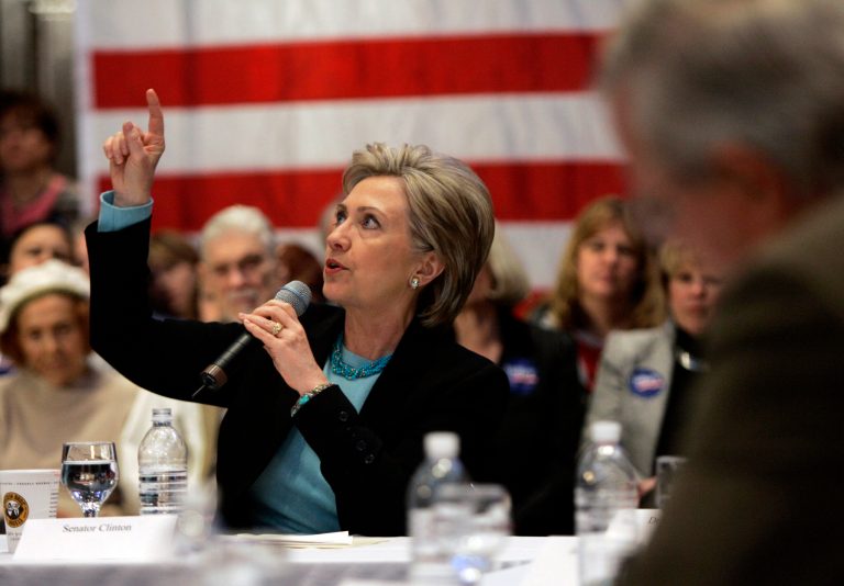 In this file photo from 2008, Democratic presidential hopeful and then-Sen. Hillary Clinton leads a roundtable discussion onÂ storing nuclear waste at Yucca Mountain, Jan. 16, 2008. (AP Photo/Elise Amendola)
