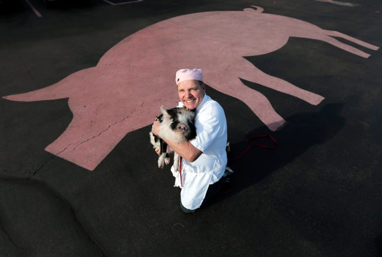   In this Dec. 6, 2012, photo, Mike Fitzgerald poses with Willie the Pig, the store mascot, in the parking lot of his Saratoga Sweets store in Halfmoon, N.Y. A holiday tradition in the upstate New York resort town of Saratoga Springs has a peppermint twist: pig-shaped hard candies are sold with little metal hammers to be smashed at Christmas. (AP Photo/Mike Groll)  