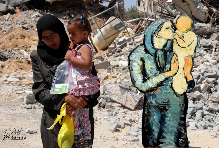 This image made available on Sunday, Sept. 7, 2014 by Palestinian artist Basel al-Maqosui, 42, shows a collage work of a painting of Spanish painter, Pablo Picasso, on a photograph of a woman passing by a destroyed house in an Israeli strike in the Gaza Strip.(AP Photo/courtesy Basel al-Maqousi)