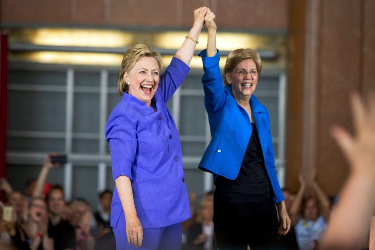 Democratic presidential candidate Hillary Clinton, accompanied by Sen. Elizabeth Warren, D-Mass., arrives to speak at the Cincinnati Museum Center at Union Terminal in Cincinnati. (AP Photo/Andrew Harnik)
