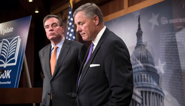 Senate Intelligence Committee Chairman Richard Burr, R-N.C., right, joined by Vice Chairman Mark Warner, D-Va., update reporters on the status of their inquiry into Russian interference in the 2016 U.S. elections. President Trump said Thursday that the committee should investigate the media's false reporting. (AP Photo/J. Scott Applewhite)