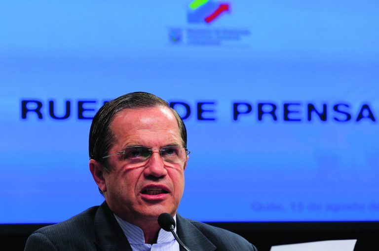 Ecuador's Foreign Minister Ricardo Patino speaks during a press conference in Quito, Ecuador, Wednesday, Aug. 15, 2012. Patino told that Ecuador received a written threat Wednesday from Britain that 