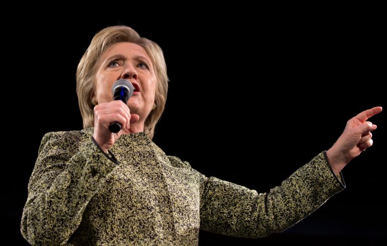 Democratic presidential candidate Hillary Clinton denounced a Donald Trump supporter who is charged with punching a protester in the face during a Trump rally. (AP Photo/Carolyn Kaster)