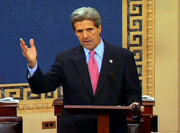 Sen. John Kerry, D-Mass., in this image from video, speaks on the Senate floor Wednesday, Nov. 17, 2004, on Capitol Hill in Washington. (AP Photo/APTN)