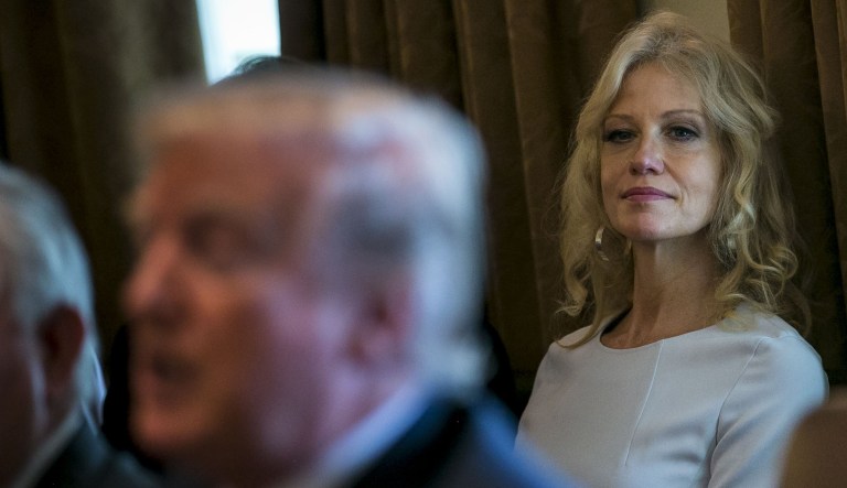 Kellyanne Conway, senior adviser President Trump, said that some pollsters are attempting to tip the scales against the GOP tax reform effort by tying the president's name to it in surveys. (Al Drago/Bloomberg)