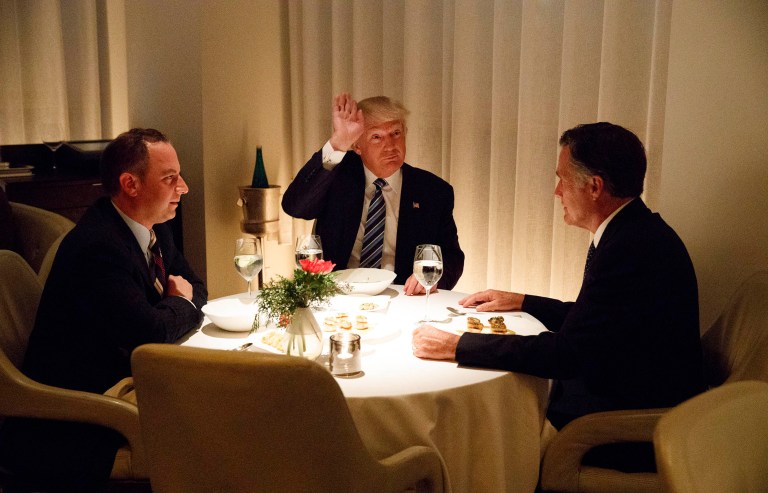 Conway's tip to reporters came as the president-elect press pool reported that Trump, along with Mitt Romney and soon-to-be White House chief of staff Reince Priebus were finished dessert during their dinner meet-up at Jean-Georges in New York City. (AP Photo/Evan Vucci)