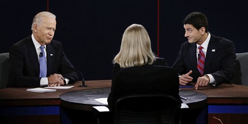 Vice President Joe Biden and Republican vice presidential nominee Rep. Paul Ryan, of Wisconsin, participate in the vice presidential debate at Centre College, Thursday, Oct. 11, 2012, in Danville, Ky. (AP Photo/Charlie Neibergall)