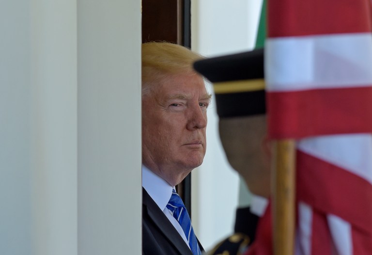President Donald Trump awaits the arrival of Abu Dhabi's Crown Prince Sheikh Mohammed bin Zayed Al Nahyan at the White House in Washington, Monday, May 15, 2017. (AP Photo/Susan Walsh)