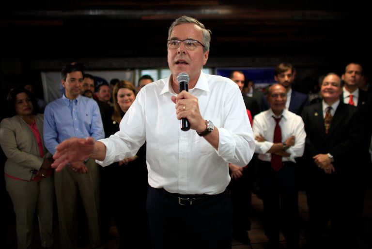 In this April 28, 2015, photo, former Florida Gov. Jeb Bush speaks during a town hall meeting with Puerto Rico's Republican Party in Bayamon, Puerto Rico. (AP Photo/Ricardo Arduengo)