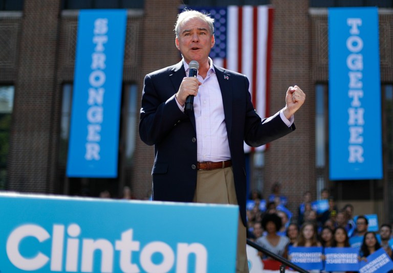 Democratic vice presidential candidate Tim Kaine suggested Friday that Donald Trump's alleged track record of sexism is affecting how the GOP nominee's campaign treats Hillary Clinton. (AP Photo/Paul Sancya)
