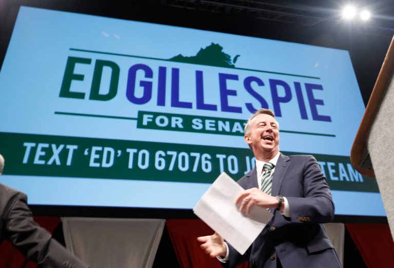 Republican senatorial hopeful Ed Gillespie prepares to address the Virginia GOP Convention in Roanoke, Va., earlier this month.(AP Photo/Steve Helber)