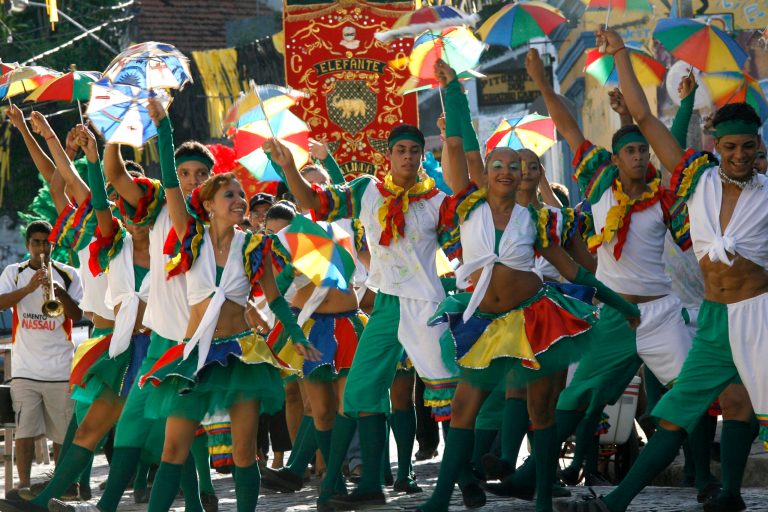   Members of the Bloco de Frevo group perform during a carnival parade in Olinda, in Brazil's northern Pernambuco state, Jan. 25, 2008. Frevo, the most popular rhythm of Pernambuco's carnival, turns 100 yeas and the Mangueira group, one of Brazil's best loved samba groups, will present a mix of samba and frevo during the Rio de Janeiro's carnival. (AP Photo/Eraldo Peres)  