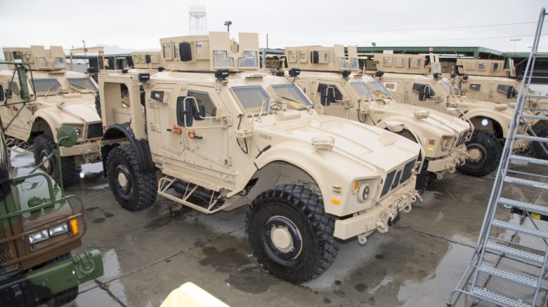 Mine Resistant Ambush Protected All Terrain Vehicles, or M-ATV, have finished their upgrades and armor improvements and await road testing on the Yermo Annex of Marine Corps Logistics Base Barstow, Jan. 12, 2017.