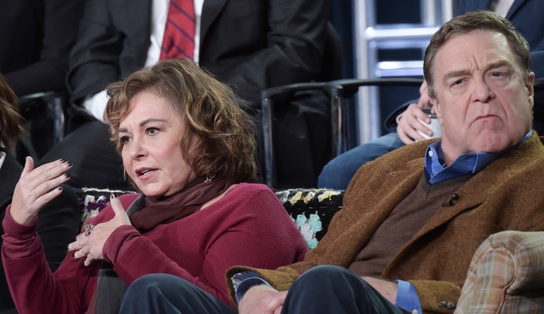 Roseanne Barr and John Goodman participate in the "Roseanne" panel during the Disney/ABC Television Critics Association Winter Press Tour on Jan. 8, 2018, in Pasadena, Calif.