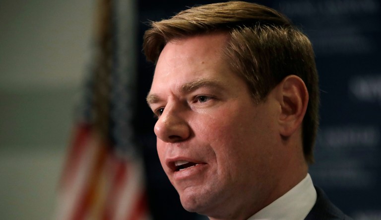 U.S. Rep. Eric Swalwell, D-Calif., speaks at a Politics & Eggs event, Monday, Feb. 25, 2019, in Manchester, N.H. Swalwell is considering a run for the Democratic presidential nomination.
