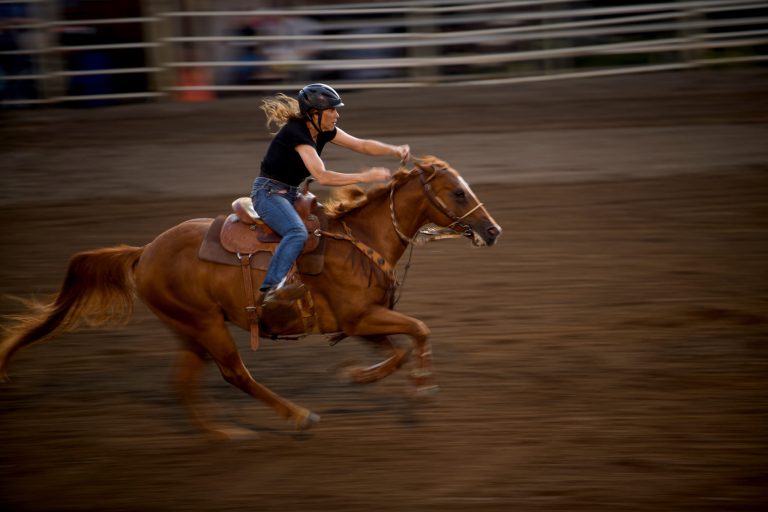 A rider competes in the barrel racing category at the Fort Armstrong Horsemenâs Associationâs Show Series at the Crooked Creek Horse Park in Ford City, Pa., on Aug. 1.