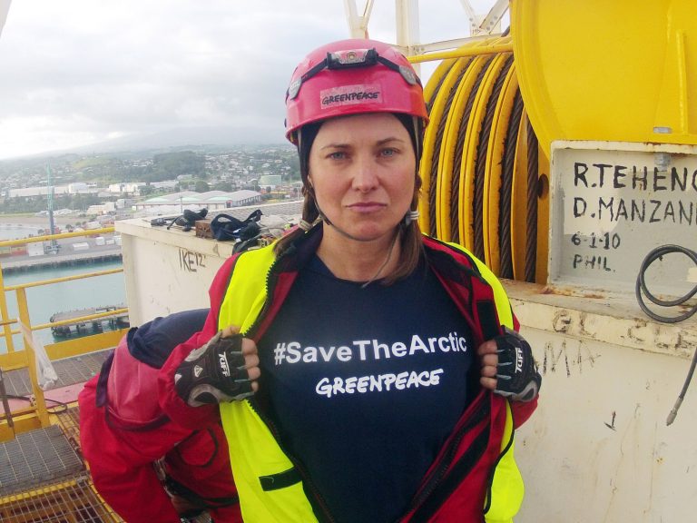   FILE - In this Feb. 24, 2012 file photo provided by Greenpeace, actress Lucy Lawless joins activists in stopping a Shell-contracted drillship from departing the port of Taranaki, New Zealand. Lawless says she has 
