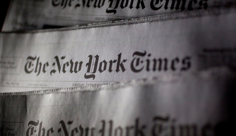 New York Times newspapers are arranged for a photograph in Washington, D.C., on Friday, Jan. 30, 2015.