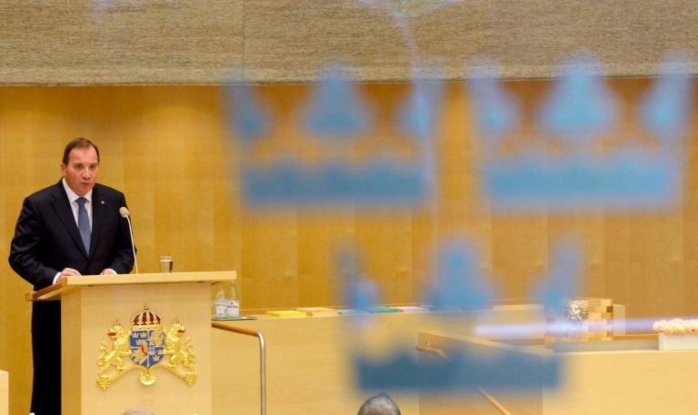Sweden's new Prime Minister Stefan Lofven announces his new government in the Swedish Parliament in Stockholm Friday, Oct. 3, 2014. (AP Photo/Jonas Ekstromer, TT News Agency)  SWEDEN OUT