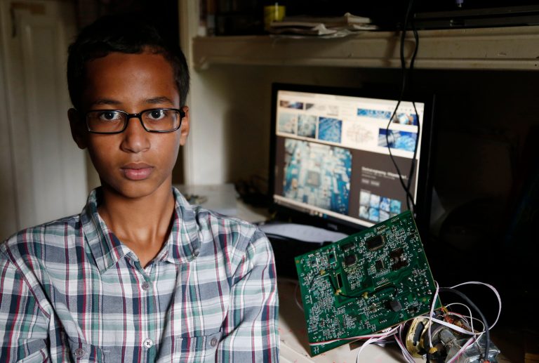 Irving MacArthur High School student Ahmed Mohamed, 14, was arrested and interrogated by Irving Police officers on Monday after bringing a homemade clock to school. (Vernon Bryant/The Dallas Morning News via AP)