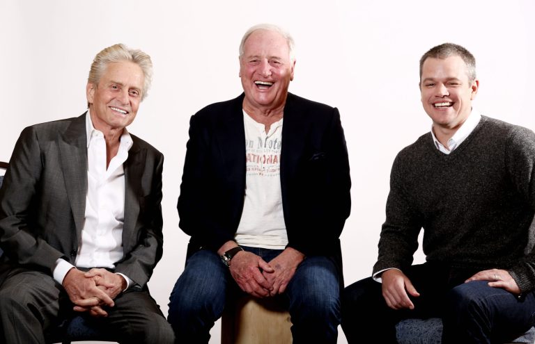 In this Jan. 4, 2013 photo, actors Michael Douglas, left, producer Jerry Weintraub, center, and Matt Damon, from the HBO film 