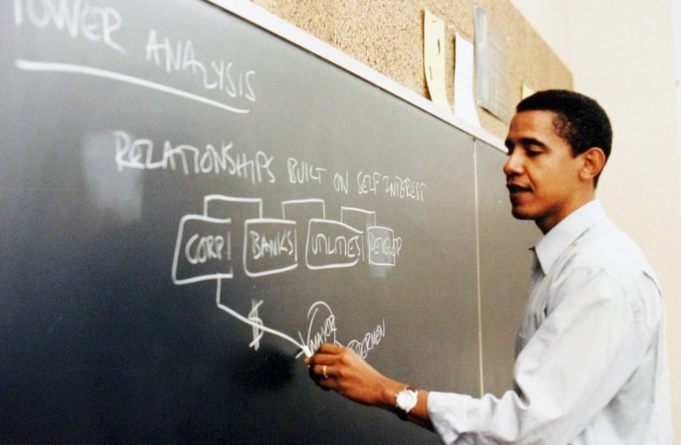 FILE - This undated file photo released by Obama for America shows Barack Obama teaching at the University of Chicago Law School in Chicago. Monday June 16, 2014 is the deadline for initial proposals to host the Obama presidential library and five separate Chicago bids are being submitted by universities, a community organization and a real estate developer. Obama spent 12 years as a constitutional law professor at the University of Chicago, which will be submitting one of the bids. (AP Photo/Obama for America, File) NO SALES