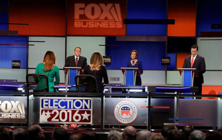 Underdogs for the Republican presidential nomination Carly Fiorina, Mike Huckabee and Rick Santorum debated Thursday evening in what amount to a staid warm-up act for the front-runners. (AP Photo)