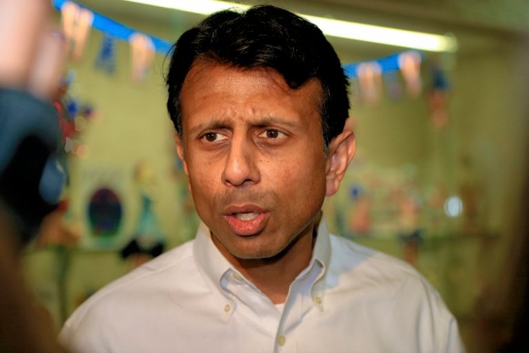 Louisiana Gov. Bobby Jindal talks to the media following a visit to a senior center in Council Bluffs, Iowa, Wednesday, July 1, 2015. (AP Photo/Nati Harnik)