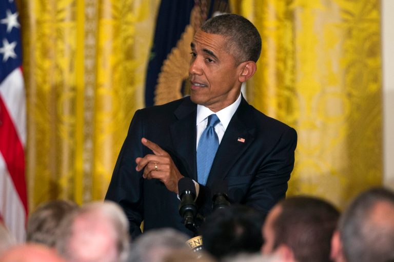 President Obama responds to a heckler as he speaks during a reception to celebrate LGBT Pride Month in the East Room of the White House, on Wednesday, June 24, 2015, in Washington. (AP Photo/Evan Vucci)