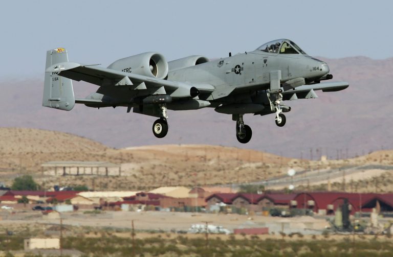 A United States Air Force A-10 Thunderbolt II lands at Nellis Air Force Base while participating in the Joint Expeditionary Force Experiment 2006 (JEFX 06) April 25, 2006 in Las Vegas, Nevada. JEFX is a biannual test of new systems and technologies by every branch of the military in an attempt to speed their introduction into the modern battlefield. (Photo by Ethan Miller/Getty Images)