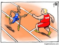 Editorial cartoon: Backwards relay race